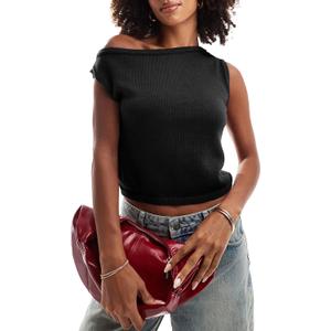 Women's Summer Fall Off The Shoulder Cropped Sweater Tops 2025 Casual Trendy Sleeveless Y2k Knit Tank Pullover (Black, XL)