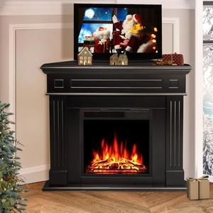R.W.FLAME 43” Corner Electric Fireplace Mantel Wooden Surround Firebox, TV Stand with Freestanding Electric Fireplace, Remote Control, Adjustable Led Flame, 750W/1500W Black