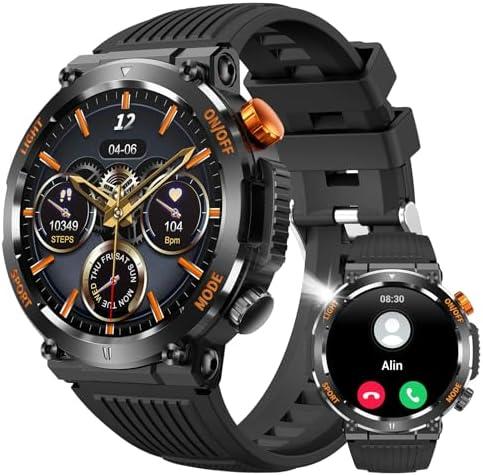 Military Smart Watch for Men Answer/Make Call, Outdoor Waterproof Tactical Sports Smartwatch with LED Flashlight Compass, Heart Rate Sleep Monitor Fitness Tracker Watches for iPhone Android Phone