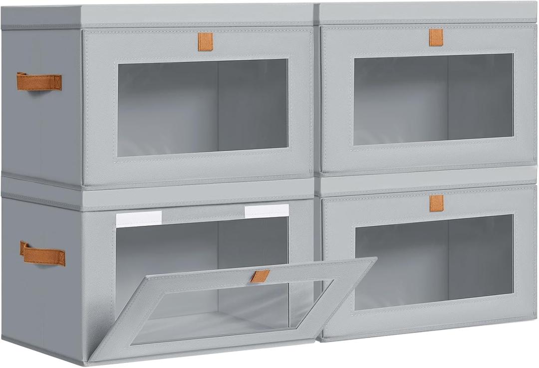 DIMJ Storage Bins with Lids - 4 Pack Large Fabric Closet Organizer with Window & Handles, Collapsible Decorative Storage Boxes for Shelves Under Bed, Books Clothes Blankets Sweaters Organization, Gray