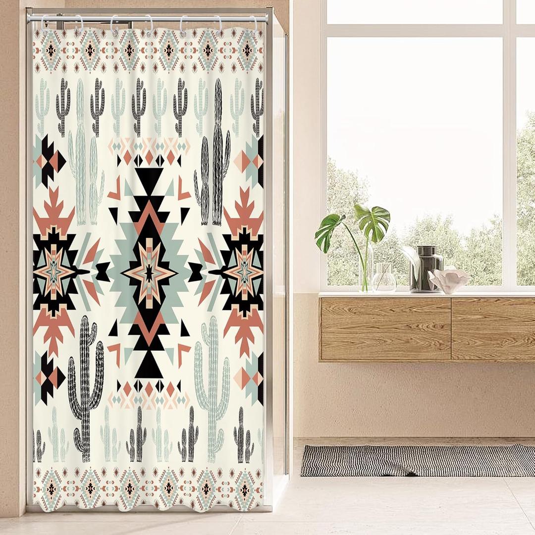 Newsely Small Stall Rv Western Aztec Cactus Shower Curtain 36Wx72H Inch Camper Southwest Boho Geometric Ethnic Shower Curtain Bathroom Set African Waterproof Bath Decoration Accessories Home Decor (A-01green Black)