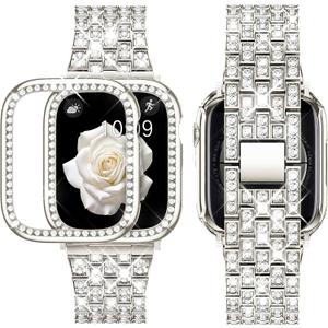 Supoix Compatible with Apple Watch Band 38/40/41/42/44/45/46/49mm+ Case, Women Jewelry Bling Diamond Rhinestone Replacement Metal Bands & 2 Pack PC Protector Case for iWatch Ultra 3/2/1 Series 11/10/9/8/7/6/5/4/3/2/1/SE