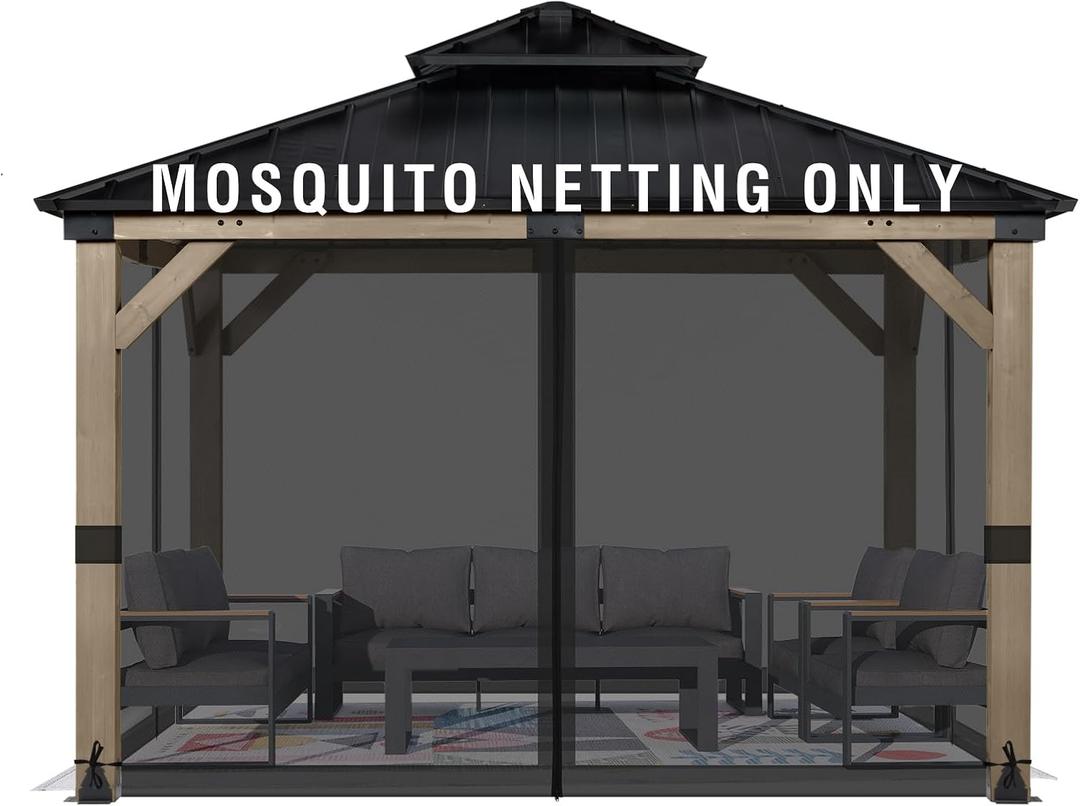 Universal 10x10 ft Gazebo Mosquito Netting, Replacement 4-Panel Sidewalls with Double Zippers for Patio, Backyard, Deck, and Lawn (Netting Only, Black)