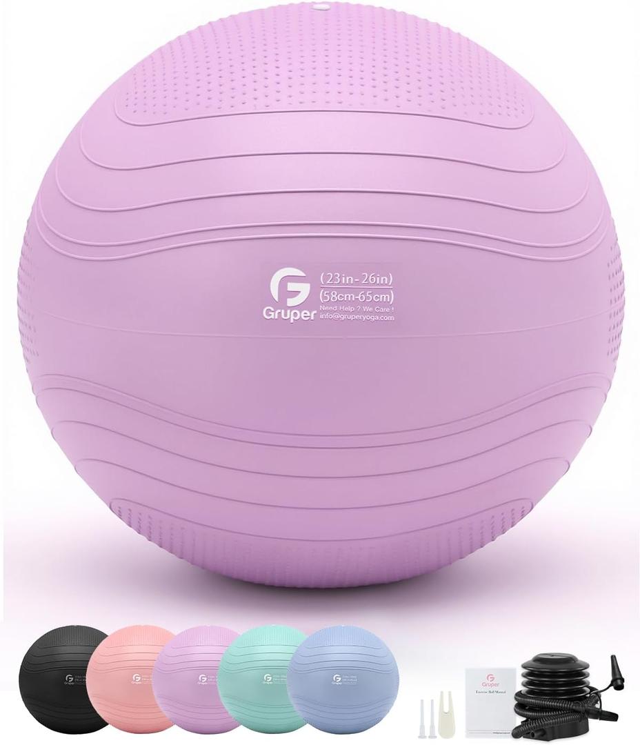Gruper Yoga Ball, Extra Thick Exercise Ball for Workout Pregnancy Stability - Anti Burst Balance Ball for Yoga, Pilates, Fitness, Birthing, Physical Therapy - Includes Pump L(26in/65cm)