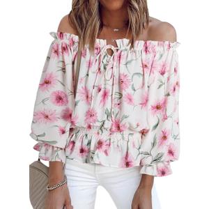 BLENCOT Summer Sexy Off Shoulder Tops for Women Boho Ruffle Sleeve Floral Chiffon Shirts Blouses (Pink, L)