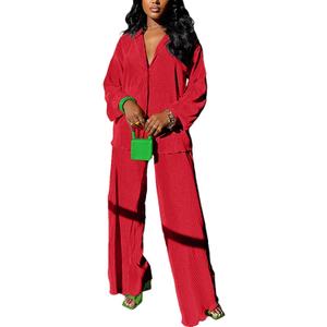 kaimimei Casual 2 Piece Outfit for Women - Linen Long Sleeve Button Down Shirt + Flare Pleated Wide Leg Pants Sets Streetwear S