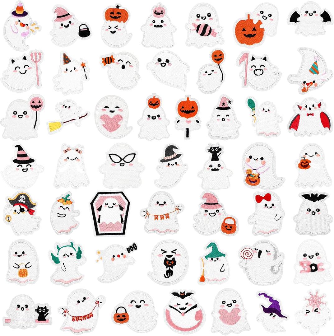 Tenceur 50 Pcs Halloween Iron on Patches Halloween Ghost Patches Sew on Boo Cartoon Embroidered Applique Repair Accessories Crafts Festive Gifts for Clothing Hat Shirt Bag Jeans