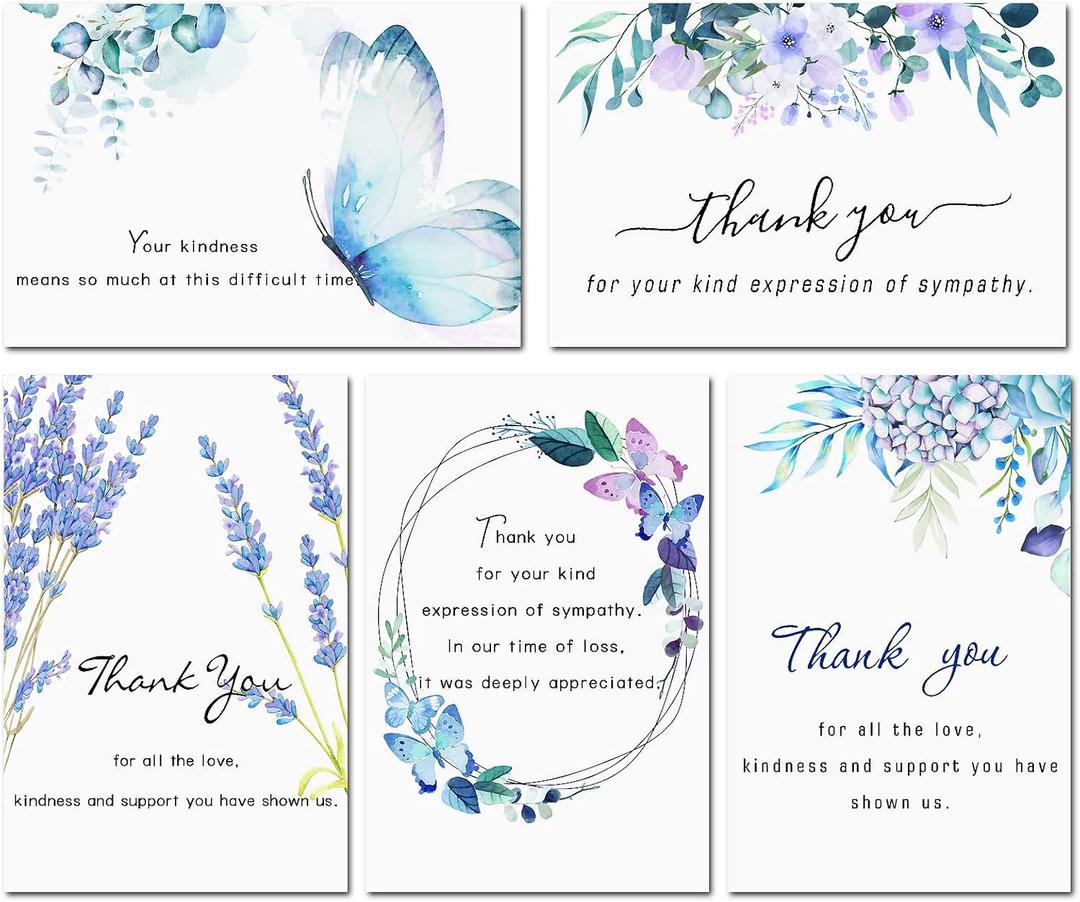 Hunanyume 50 Pack Funeral Thank You Cards with Envelopes, Stickers & Message Inside, 46 in Watercolor Flowers Butterflies Bereavement Sympathy Thank You Cards for Funeral Family Friends Loved Ones (Assorted/Multicolor)