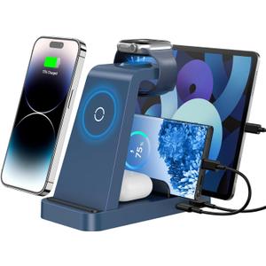 Wireless Charger for iPhone - 5 in 1 Charging Station for Multiple Devices Apple: Fast Wireless Charging Stand Dock for iPhone 17 16e 16 15 14 13 12 Pro Max Apple Watch Airpods(Blue)
