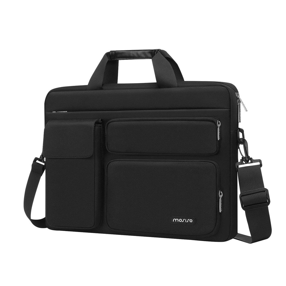 MOSISO Laptop Shoulder Bag 13.3 inch, 13-14 inch Computer Bag Compatible with MacBook Air/Pro 13 / Pro 14, HP Dell ASUS Lenovo with 2 Raised&1 Flapover&1 Horizontal Pocket&Handle&Belt, Black