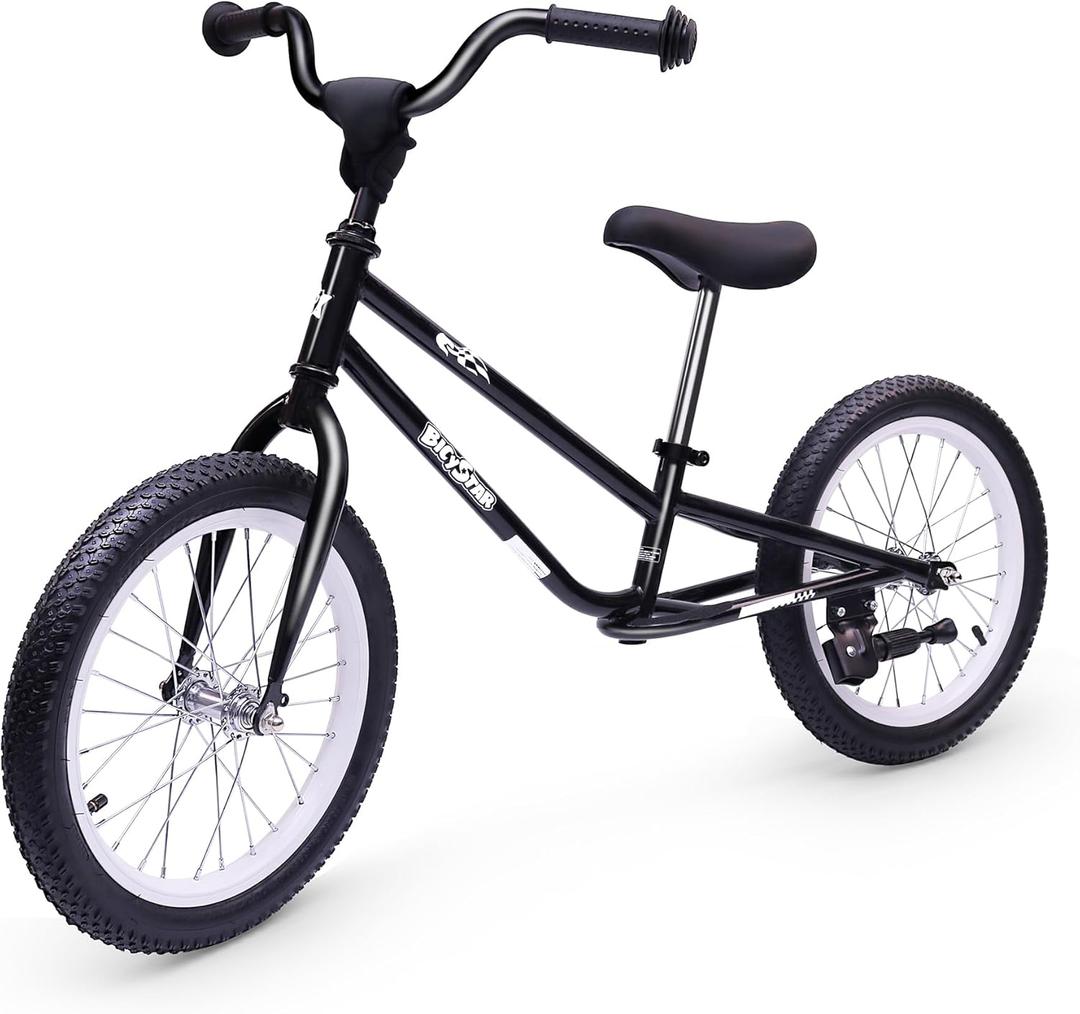 16 Inch Kids Balance Bike for 5-8 Year Old, BMX Kids Bike with No Pedals, Air Rubber Tires, Footrests, Adjustable Height for Big Kids, Boys, Girls (Black)