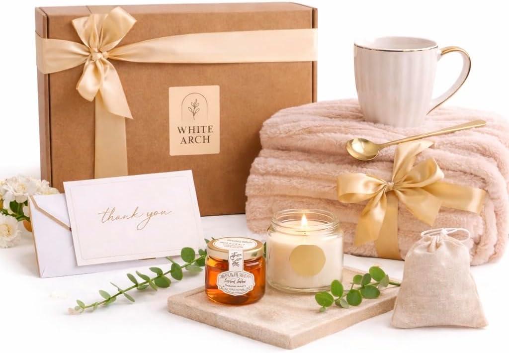 Gift Basket for Women, Unique Birthday Gift, Relaxation or Get Well Soon Gift – Cozy Blanket, Mug, Candle, Honey Jar, Herbal Tea, Gold Spoon, Thank you Card, Gift Box – White Arch