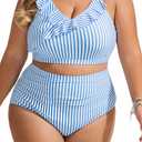 Hanna Nikole Womens High Waisted Bikini Plus Size Swimsuits Two Piece Bathing Suits Tummy Control Swimwear (Blue and White Stripes), 12 Plus