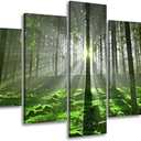 5 Panel Forest Wall Art for Office Decor, SZ Fantastic Spring Morning Sunrise Picture Canvas Prints of Nice Sunshine Peeking Through Rainforest (Waterproof Artwork, 1" Thick, Bracket Mounted, Large) (32x60 overall by 5 piece, 1" Deep, Bracket Mounted)