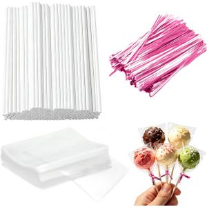 Basquei Cake Pop Sticks 6 Inches, Cake Pop Bags (3.9"X4.7"), Pink Metallic Twist Ties, 300 Pcs Cake Pop Kit Used for, Lollipops Cake, Candies, Chocolates Making Tools