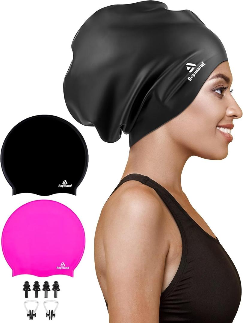 2 Pack Extra Large Swim Cap for Braids and Dreadlocks, Silicone Swimming Caps for Long Hair, Weaves, Extensions, Curls & Afros, Waterproof Adult Swim Hats Bathing Caps for Women Men (Black+Rose Red)