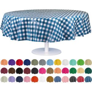 Grandipity 12 Pack Premium Disposable Plastic Picnic Tablecloth 84" Inch Decorative Round Table Cover - Blue Checkered Gingham