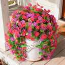 Artificial Fake Hanging Flowers for Outdoors, 2 Pcs Artificial Hanging Plants Outdoors Spring Summer Decor, UV Resistant Faux Violet Silk Flowers for Planters Front Door Yard Garden(Pink Rose Red)