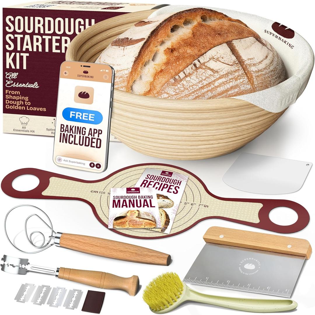 Superbaking Banneton Bread Proofing Basket Set with Silicone Dough Sling, 9" Splinter-Free Proofing Basket, Non-Stick Dutch Oven Liner, Sourdough Starter Kit, Sourdough Bread Baking Supplies & Tools