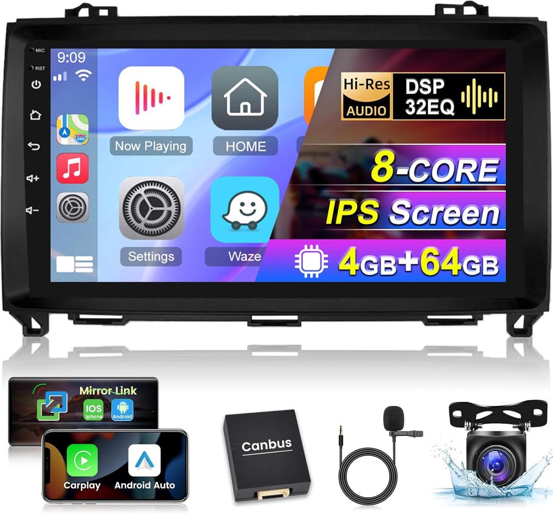 [8 Core 4+64] Android 13 Car Stereo for Mercedes Benz Sprinter W906 W245 W169 W639 B200 Viano Vito 2006-2011 - 9 inch IPS Touchscreen Radio - Carplay & Android Auto/DSP 32EQ + AHD Backup Camera