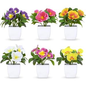 Artificial Pansy Flowers in Pots (6 Pack) - 5.9" Mini Fake Potted Plants with Small Plastic Pots, for Home Decor, Wedding, Office, Table DecorDesk, Patio Decoration