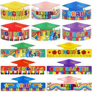 24 Pcs Kindergarten Grad Hats Preschool Graduation Paper Caps Class of 2025 Congrats Grad Crowns for Kids Kindergarten, Graduation Favors and Party Colorful Photo Props