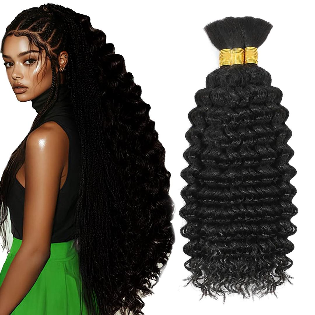 Boho Human Braiding Hair Deep Wave Bulk Human Hair Bundles for Braiding 34 34 34 Inch Deep Curly Braiding Hair Extensions (#1B Black Braiding)