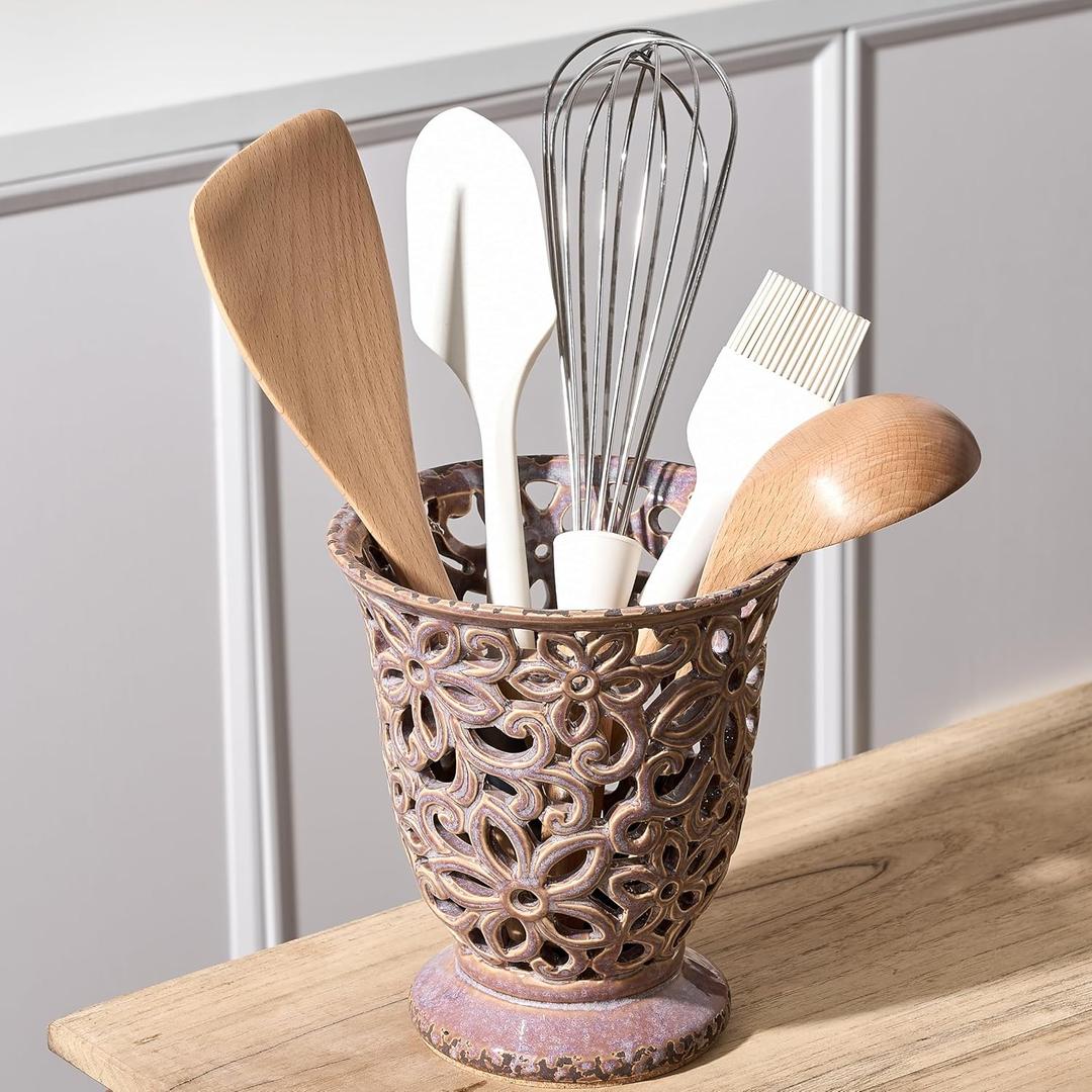 Utensil Holder for Kitchen Counter, Modern Farmhouse Cooking Utensil Holder and Crock Home Kitchen Decor, Ceramic Utensil Organizer for Spatula, Ladle, Eggbeater, Rolling Pin- Kiln-Transformed Purple