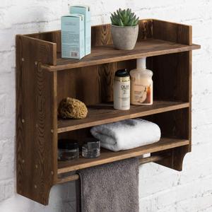 MyGift 3 Tier Wall Mounted Rustic Burnt Solid Wood Bathroom Storage Shelves, Wooden Floating Shelf Toilet Paper Holder Rack with 23 Inch Wide Towel Hanging Bar