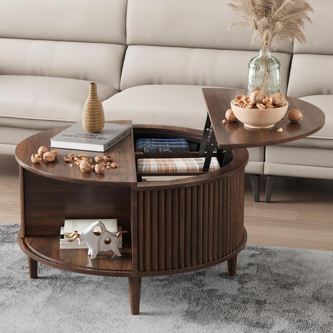 Coffee Table with Storage, Fluted Lift Top Coffee Table for Living Room, 31.5" Mid Century Modern Center Table with Sliding Cabinet Door, Walnut
