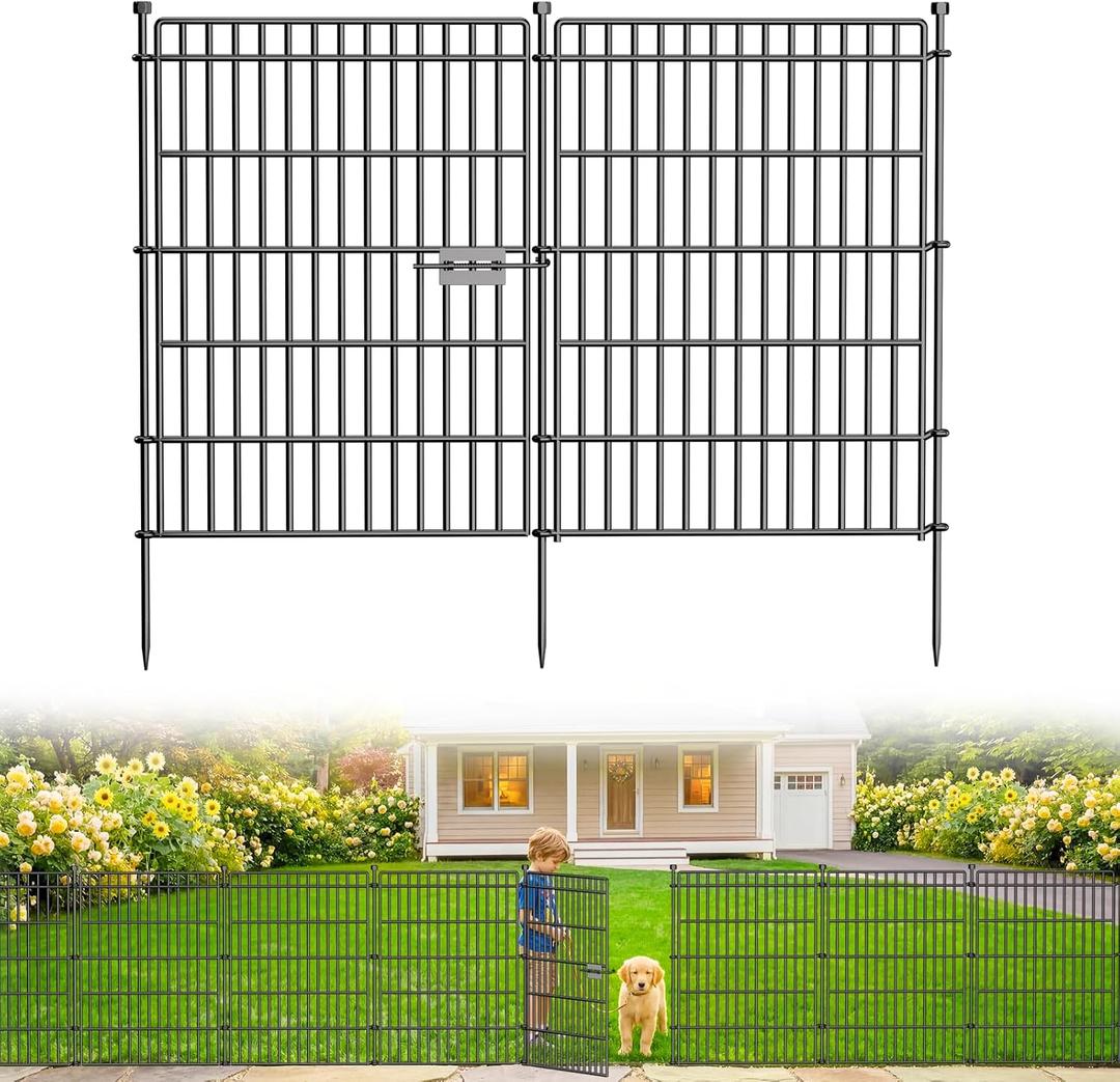 10 Panels No Dig Garden Fence with Gate, 34in(H) 22.5ft(L) Decorative Metal Outdoor Dog Fence, Rustproof Pet Fencing for Yard, Patio, Flower Bed -Temporary Fencing| Easy to Install