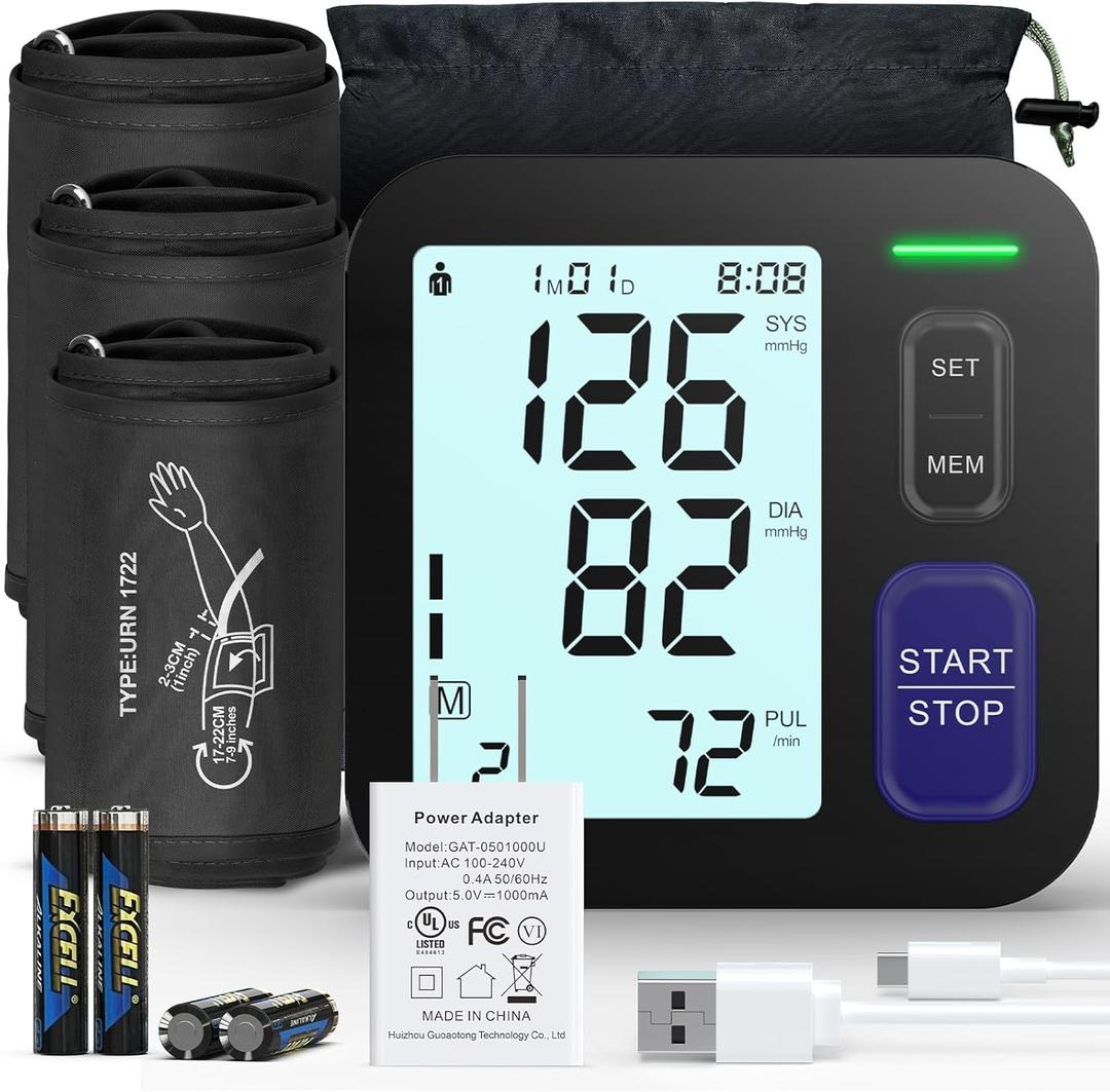 Upper Arm Blood Pressure Machine - 3 Size Cuffs, Small 7"-9", Medium/ Large 9"-17" and Extra Large XL 13"-21" for Big Arms, Accurate Automatic Digital BP Machine for Home Use, Large Display, 3 Users