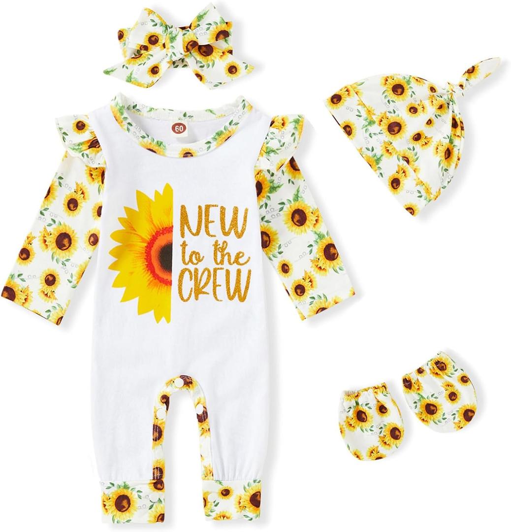 GRNSHTS Newborn Baby Girl Romper Infant Letter Print Jumpsuit Floral Bodysuit+Hat+Headband+Gloves Coming Home Clothes Outfits (Sunflower Yellow)