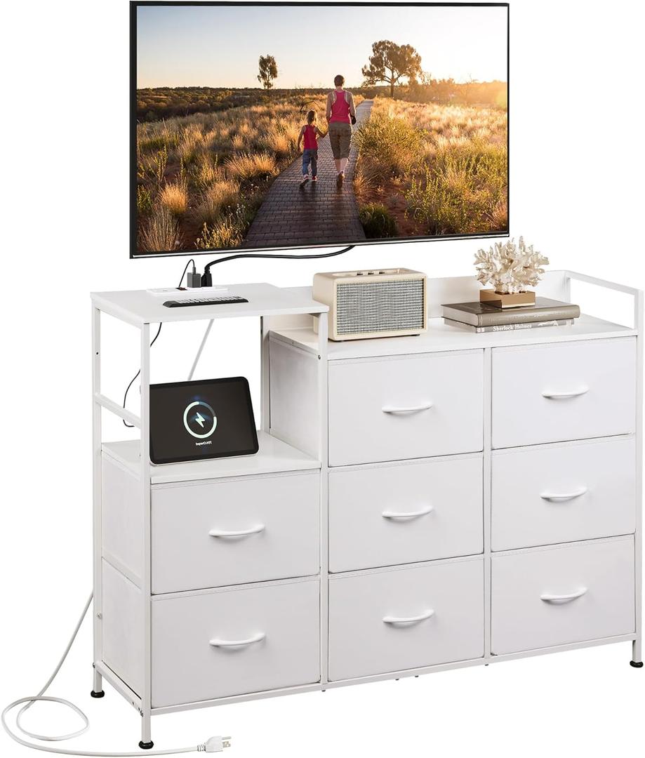 WLIVE White TV Stand with Charging Station, Entertainment Center with 8 Fabric Drawer, TV Media Console Table Open Storage Shelves, Wood Top for Living Room, Hallway, White, (ASNG104)