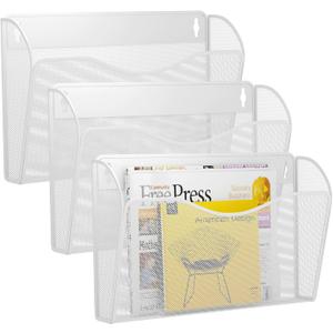 3 Single Pocket Wall File Holder, Mesh Hanging File Folder Paper Organizer, Vertical Wall Mounted Mail Basket, Storage Organization Magazine Rack for Office, Home and School, White