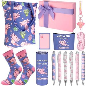 Wonderjune 14 Set Axolotl Lover Gifts Set, Kawaii Gift Basket for Axolotl Lovers Women Including Tote Bag, Tumbler, Makeup Bag, Socks, Birthday Graduation
