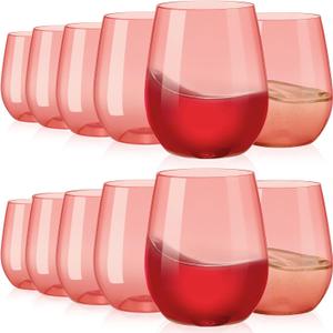 Tioncy 12 Pcs Pink Red Plastic Stemless Wine Glasses Bulk Reusable Colored Unbreakable Valentines Party Wine Cups for Indoor Outdoor Dining Wedding Birthday Cocktail Champagne, 14 oz(Crystal Red)