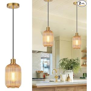 2 Pack Amber Cylinder Pendant Lights Kitchen Island with Ribbed Lampshade, Brushed Gold Hanging Light Fixture, Adjustable Pendant Lighting for Kitchen Island Sink Dining Room (Bulbs Not Included)