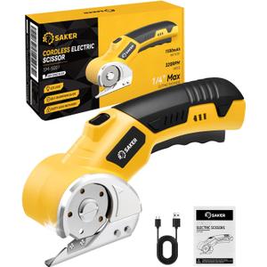 Saker Cordless Electric Scissors, Cardboard Box Cutter,4V Rechargeable Rotary Cutter with Safety Lock & LED Light, Cardboard Cutter for Cutting of Fabric, Leather, Carpet, Plastic, and More (Yellow 1 Blade)