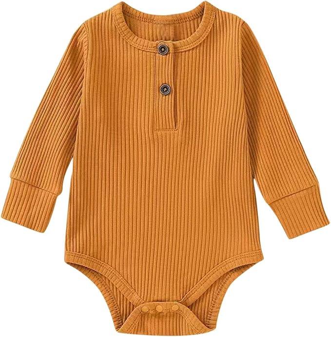 Newborn Baby Boy Girl Clothes Bodysuit Ribbed Knitted Long Sleeve Romper Infant Toddler Kids One Piece Outfits, 12M