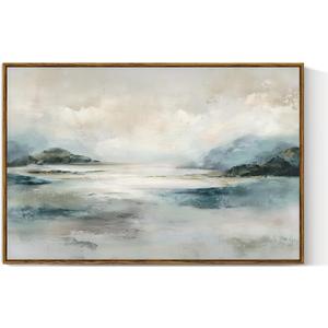 VIYYIEA Large Framed Canvas Wall Art, 24x36 Inch Abstract Coastal Landscape Art Print, Soft Blue and Green Neutral Ocean Wall Decor for Living Room Bedroom Home Office