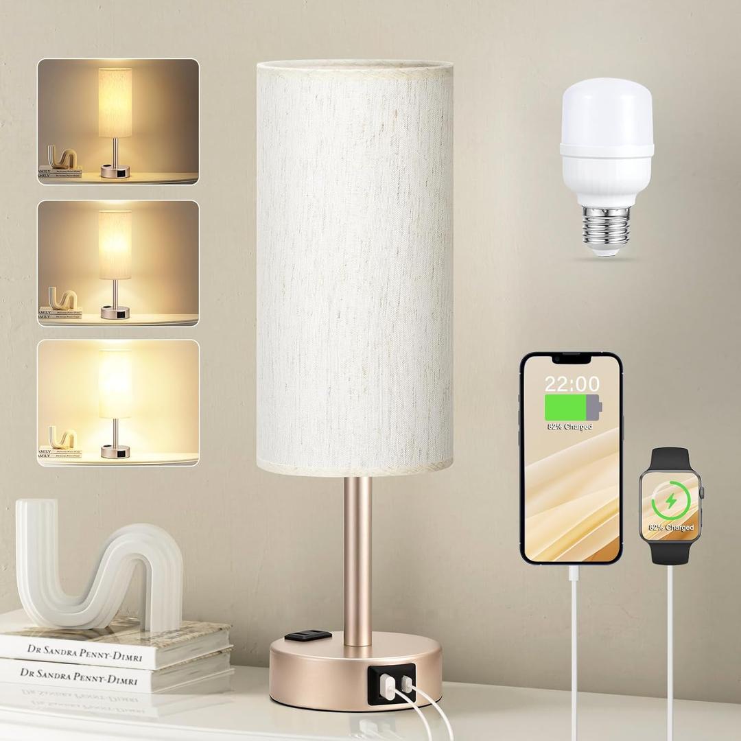 Fenmzee Bedside Table Lamp for Bedroom - 3 Way Dimmable Touch Lamp USB C Charging Ports and AC Outlet, Small Lamp Gold Base Round Flaxen Fabric Shade for Living Room, Desk, LED Bulb Included (Cream - Antique White)