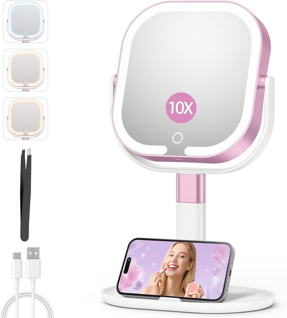 Makeup Mirror with Lights, 1X/10X Magnifying Vanity Mirror with Rechargeable 3 Color Lights, 360 Rotation 2-Sided Height Adjustable Brightness Cosmetic Lighted Magnified Mirror Tweezer