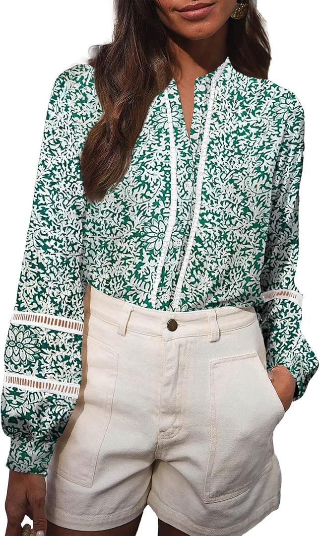 Astylish Womens Floral Printed Mock Neck Shirt Button Down Eyelet Blouse Tops (XL)