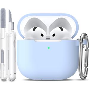 R-fun for AirPods 4 Case with Cleaner Kit,Full Protective Soft Skin Silicone Cover with Keychain for AirPods 4 Gen Case for Men Women,Compatible with Apple AirPods 4th Genaration Case 2024,Sky Blue
