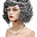 Old Lady Wig for Women Gray Granny Curly Wig with Necklace and Glasses for Halloween Costume Party Cosplay