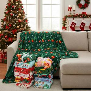12 Pcs Christmas Throw Blankets with Ribbon Xmas Fleece Blankets Gingerbread Snowman Lightweight Soft Warm Plush Couch Throw for Living Room Home Decor(60 x 80 Inch)