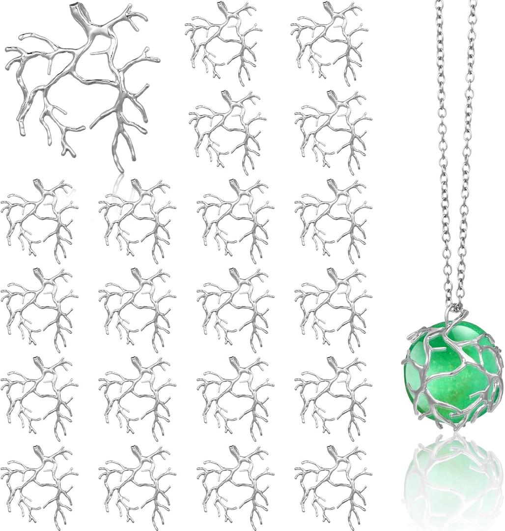 Hicarer 20 Pcs Pendant Trays for Jewelry Making Branch Shape Metal Claw Cage Pendant Frames Backing Necklace Open Bezels for DIY Necklace Jewelry Craft (Silver)