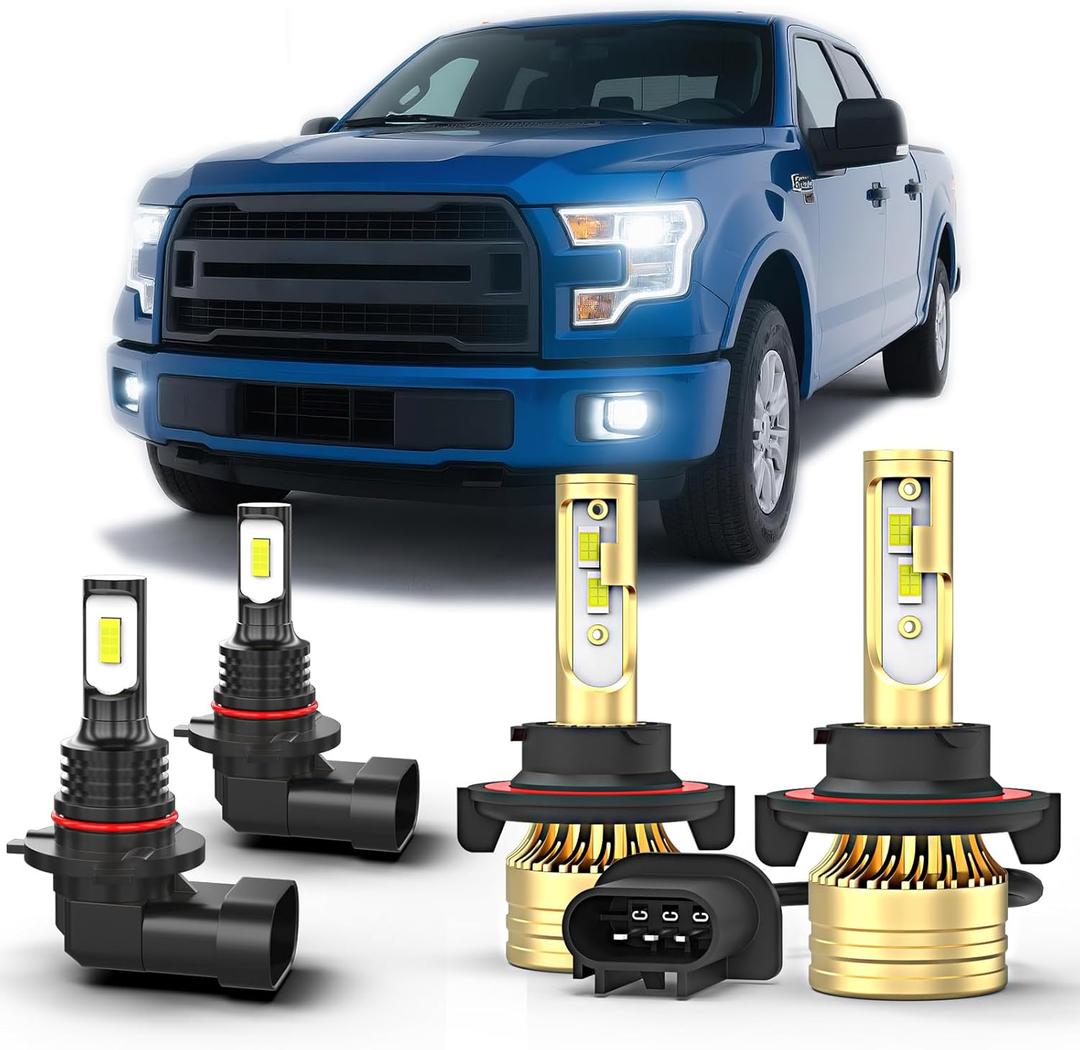 For Ford F-150 2004-2014 White LED light bulb Hi/Lo + Fog Light 4 Bulbs Combo kit 6000K H13 9008 Bulbs + 9006/9145 Fog Light Bulbs Ultra Bright,Plug and Play
