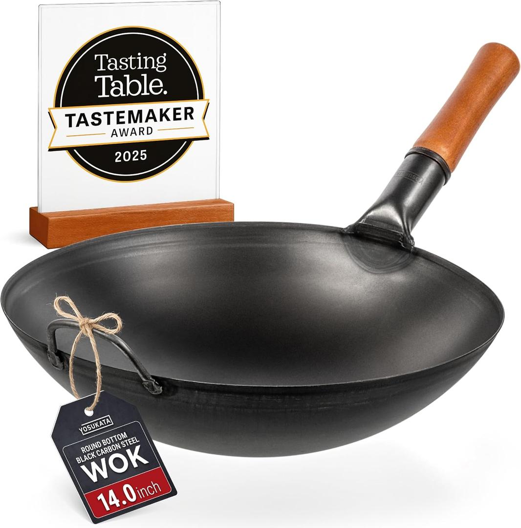 YOSUKATA 14" Black Carbon Steel Wok with Round Bottom